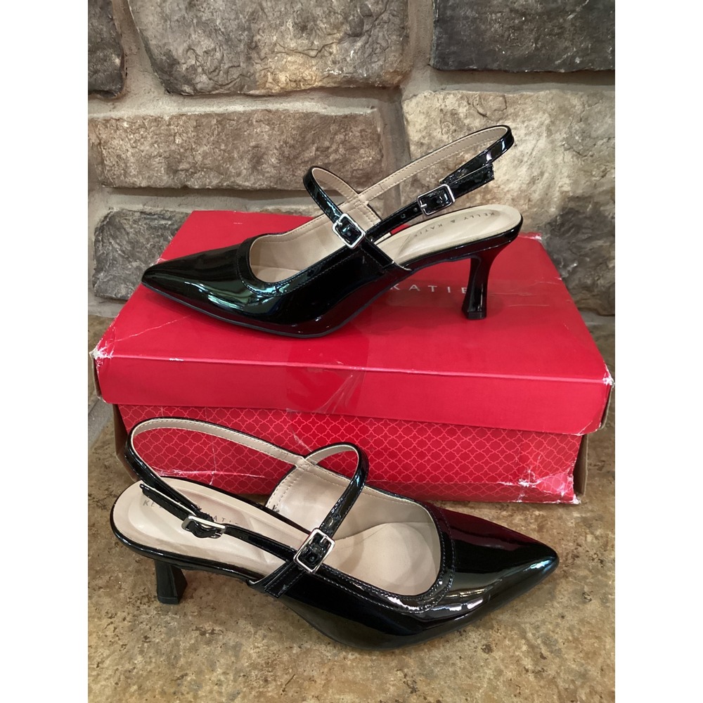 Kelly & Katie Peloma Black Patent Slingback Kitten Heels Pumps Size 6M KK-PELOMA